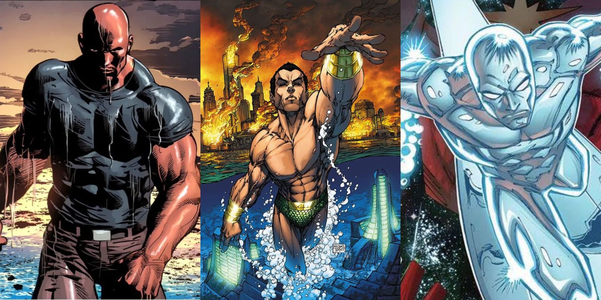 Split image showing Luke Cage, Namor, and Silver Surfer in Marvel Comics.