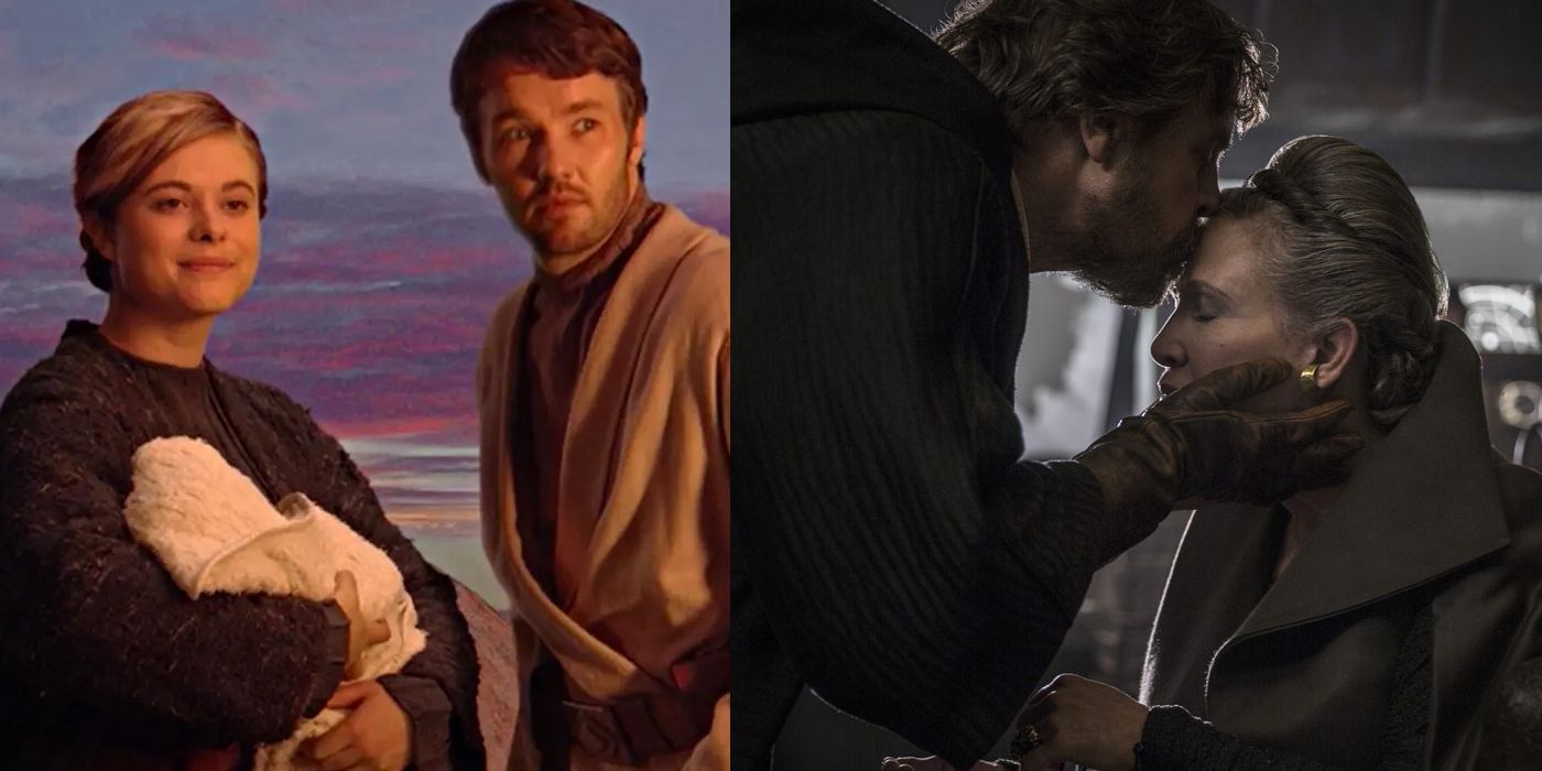 Beru and Owen holding baby Luke; Luke Skywalker (Mark Hamill) kisses Leia Organa (Carrie Fisher) on the forehead in The Last Jedi
