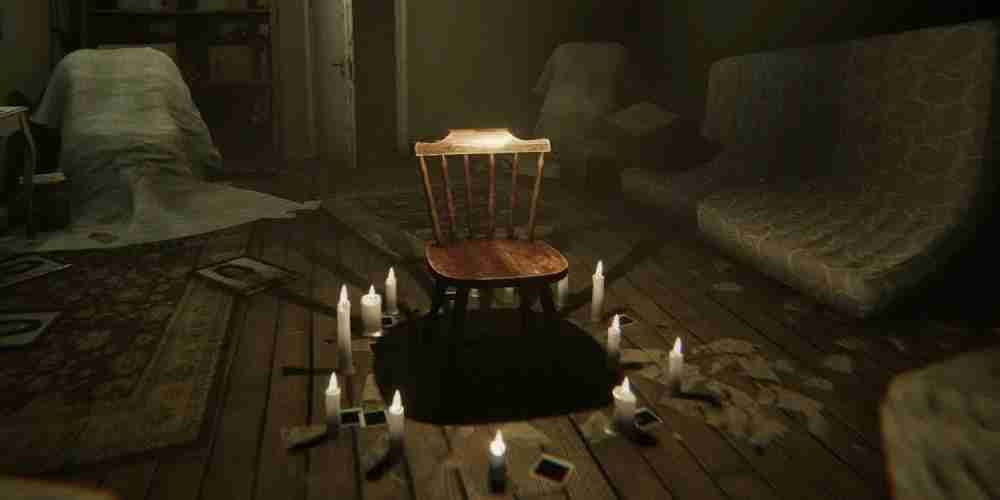 A chair surrounded by candles in the game MADiSON.
