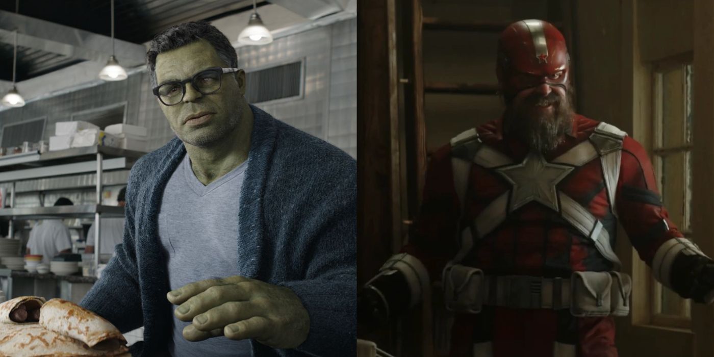 Split image of Smart Hulk in Avengers: Endgame and Red Guardian in Black Widow