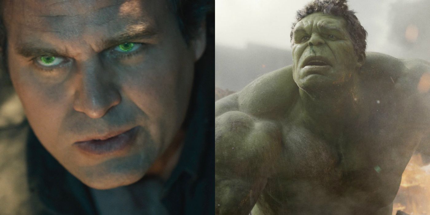 Split image of Bruce Banner with green eyes and Hulk looking concerned in MCU