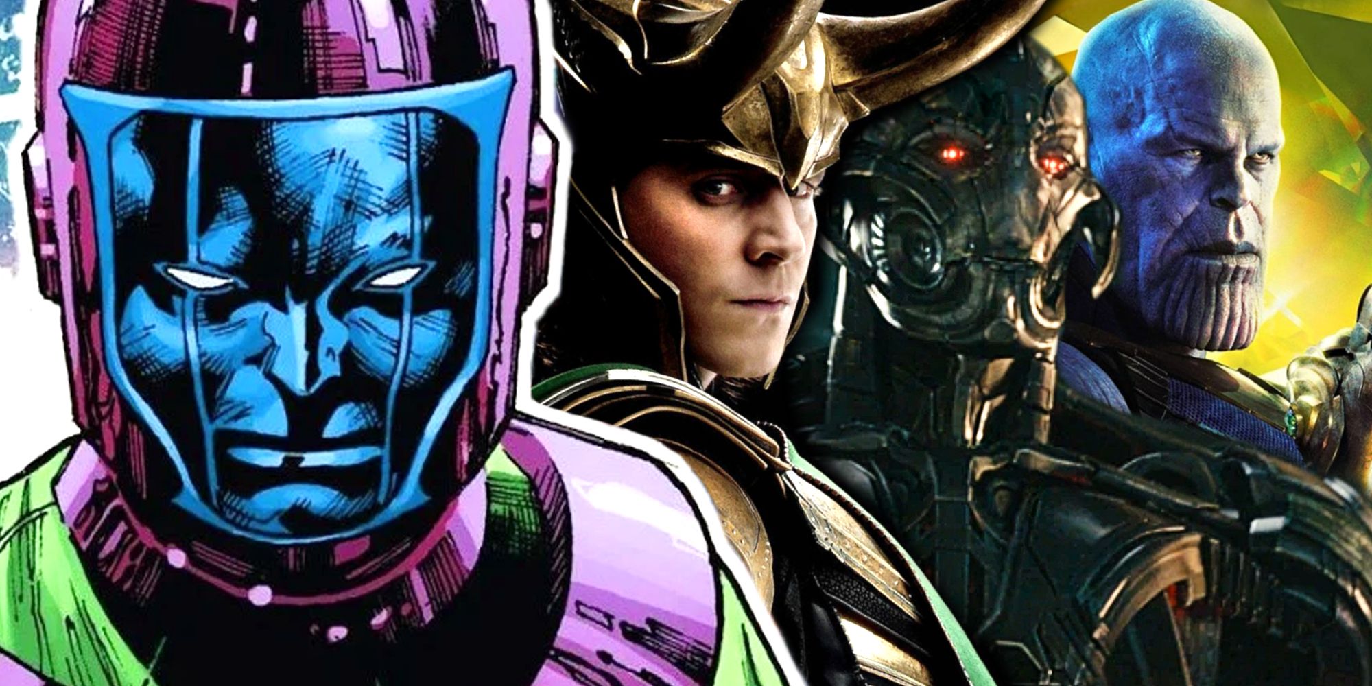 MCU Avengers Villains Loki, Ultron, Thanos, and Kang
