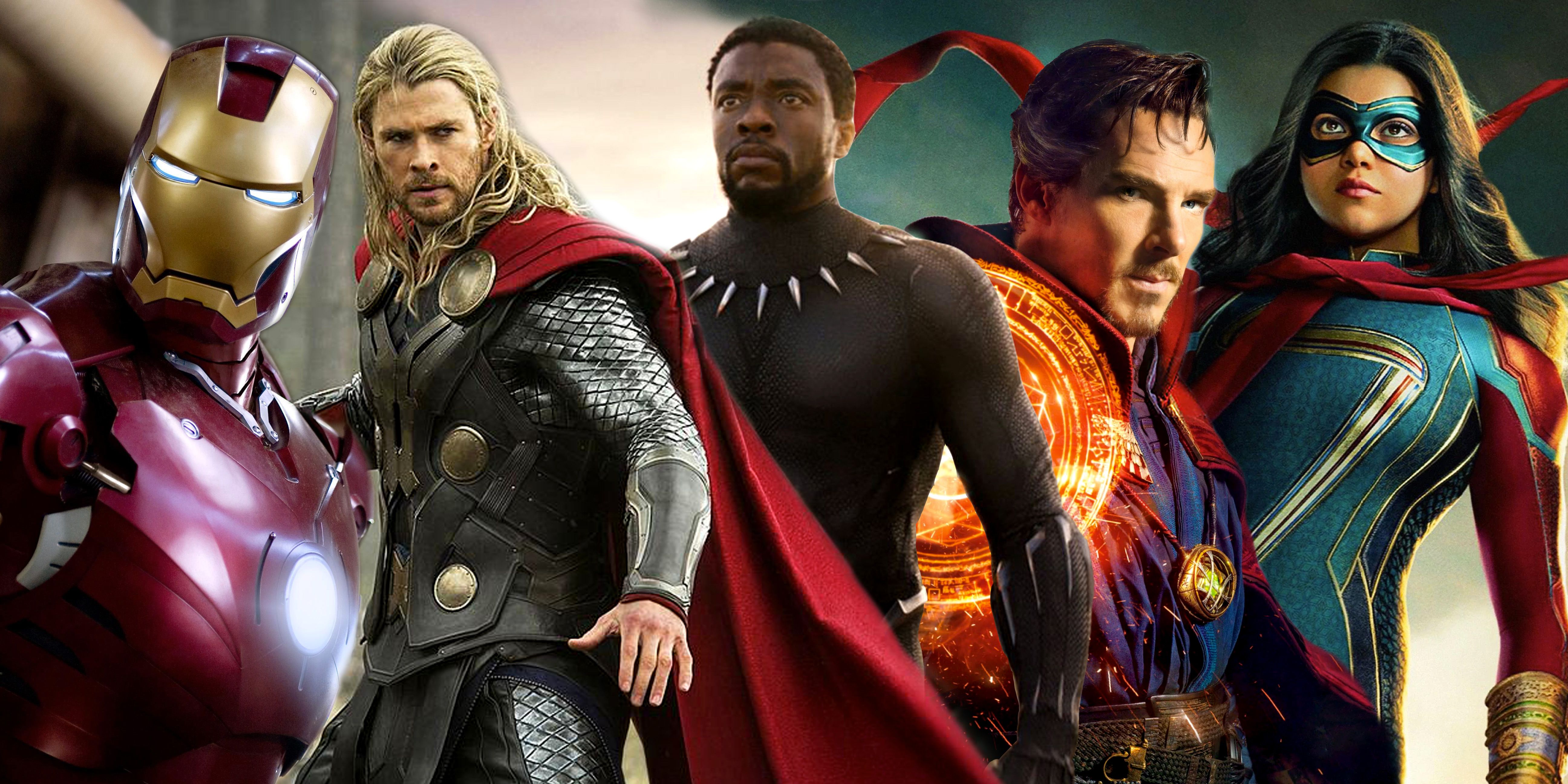 Key characters from each MCU phase: Iron Man, Thor, Black Panther, Dr. Strange, and Ms. Marvel