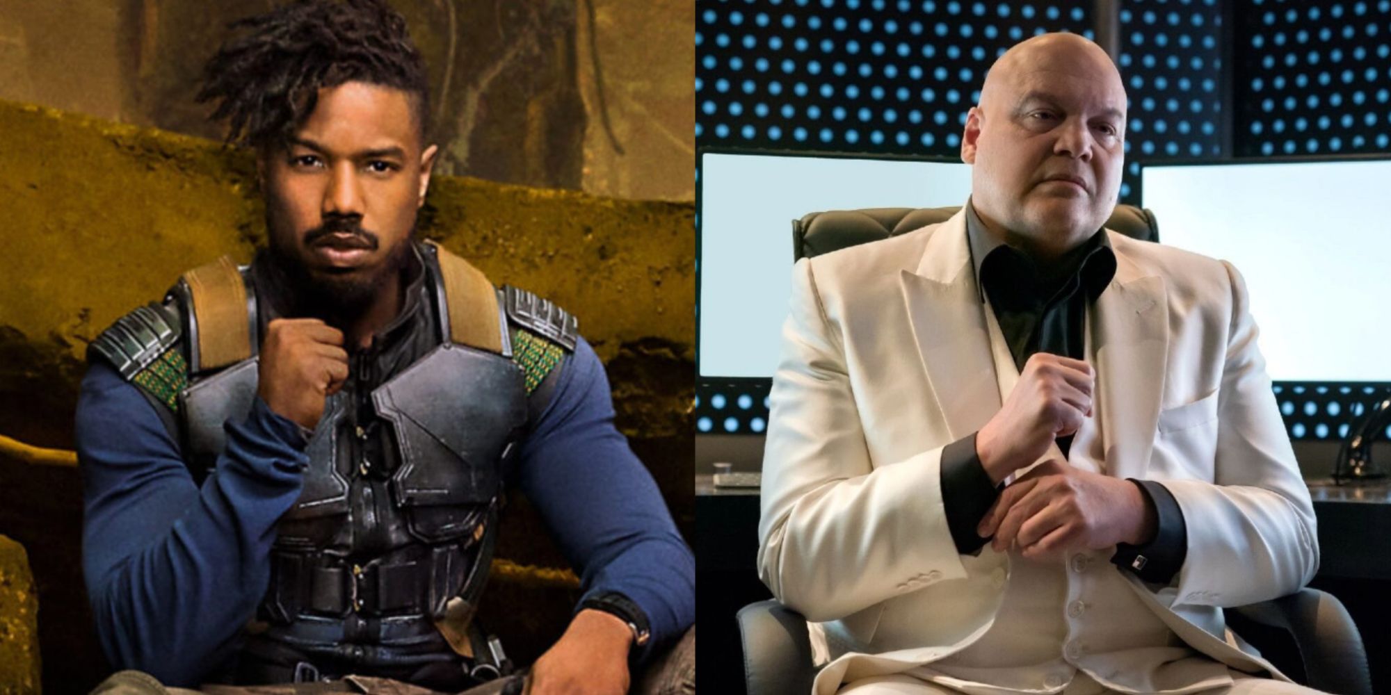 Split image of Killmonger and Kingpin