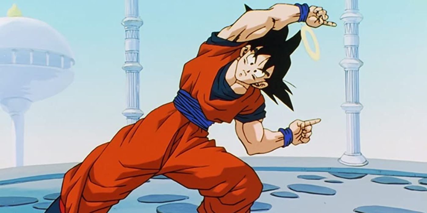 Goku na pose de fusão, ensinando a técnica para Goten e Trunks.