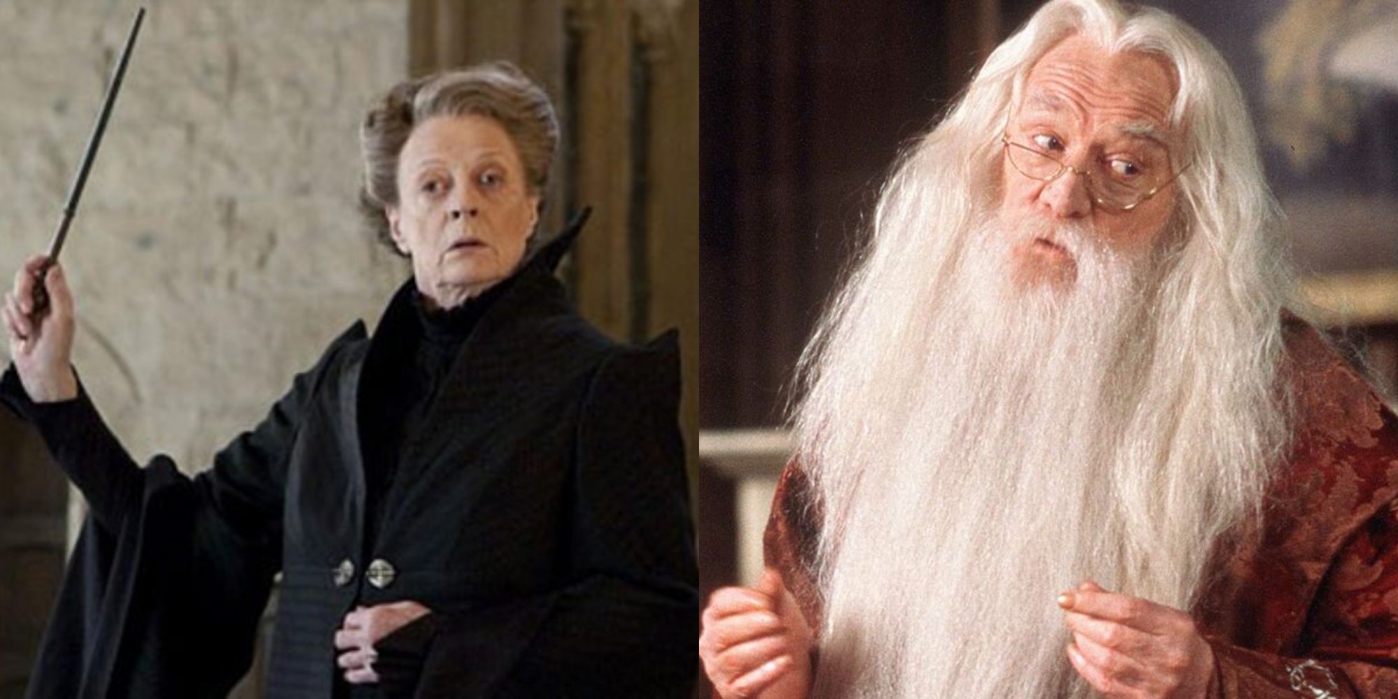 Split image showing Maggie Smith and Richard Harris in Harry Potter.