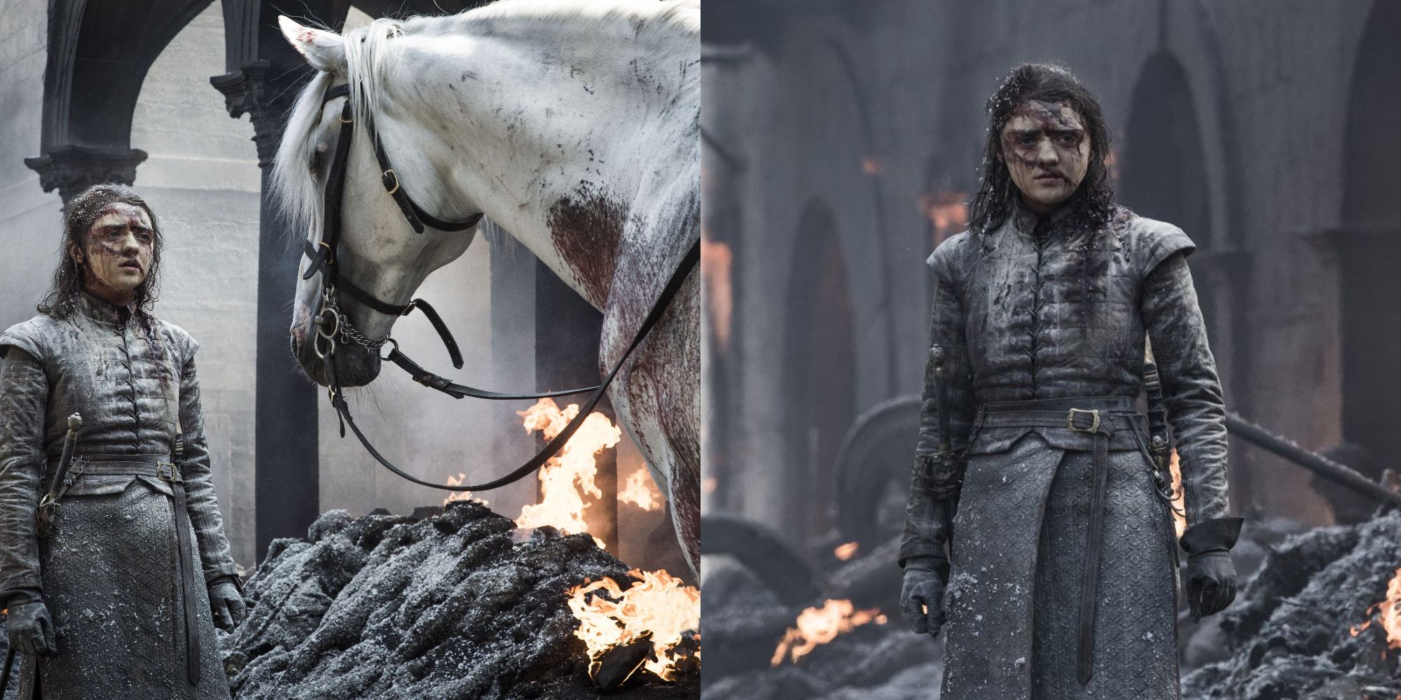 Split image showing Arya and the white horse and alone in the wreckage in Game of Thrones.