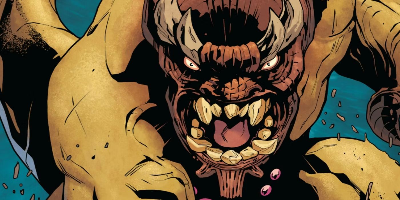 The giant horned beast Mangog roaring in Marvel comics.