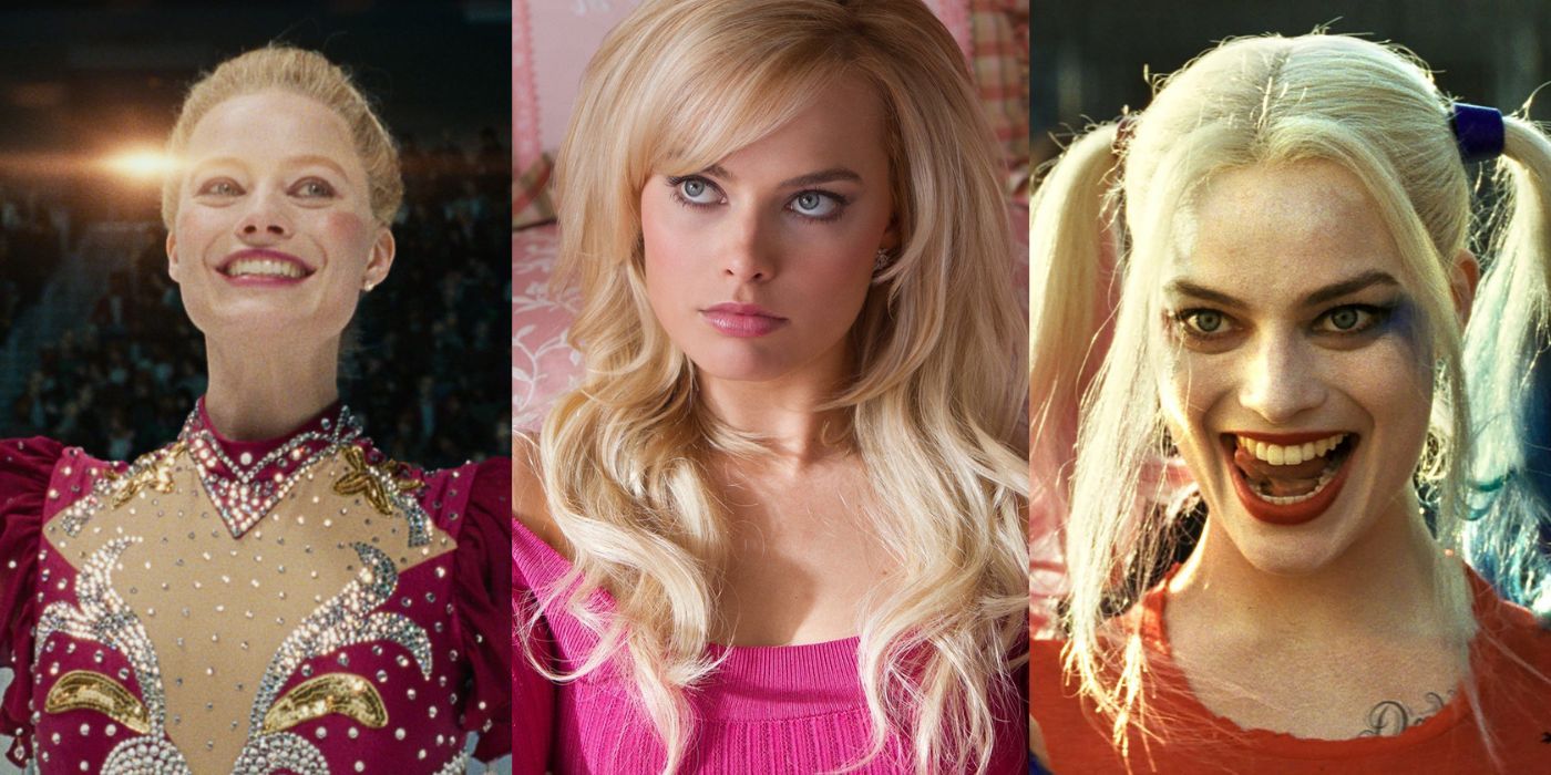Margo Robbie in three vertical images from birds of prey, wolf of Wall Street and I Tonya