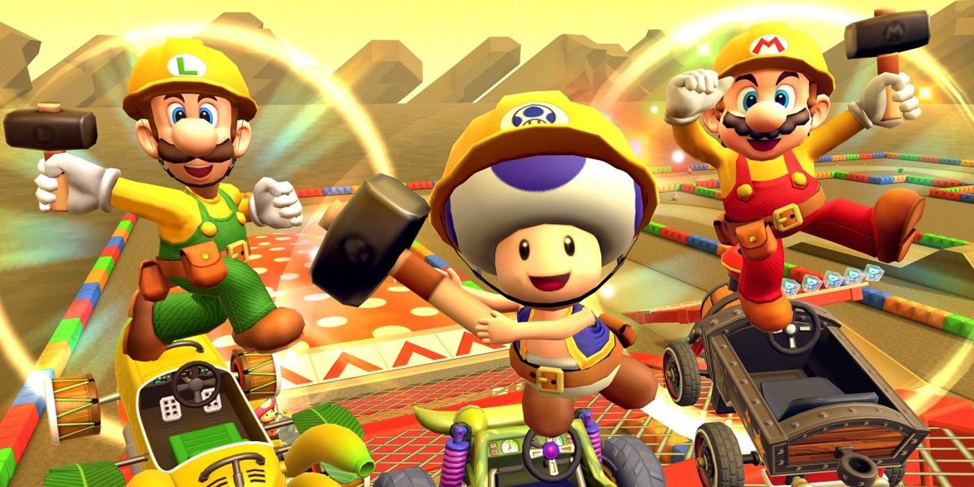 An image of Toad, Mario and Luigi racing in Mario Kart Tour