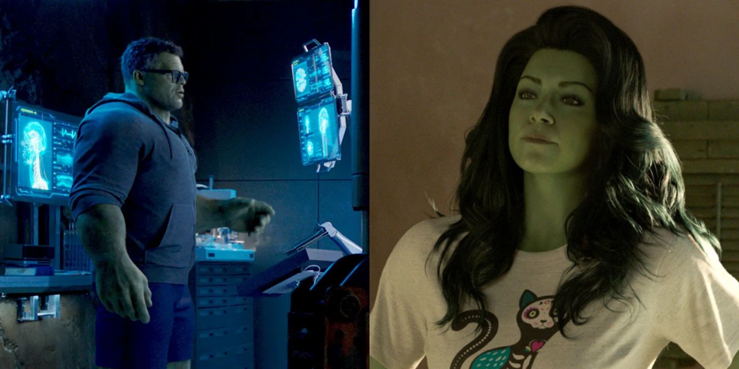 Mark Ruffalo as Bruce Banner and Tatiana Maslany as Jennifer Walters in She-Hulk Attorney At Law Split Image