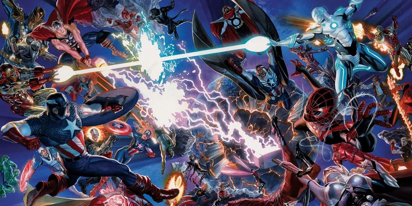 Super-heróis lutam entre si na capa da Marvel Comics Secret Wars #1.