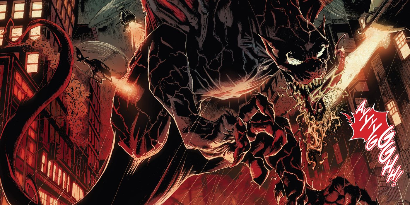 The symbiote dragon Grendel attacks a city in Marvel comics.