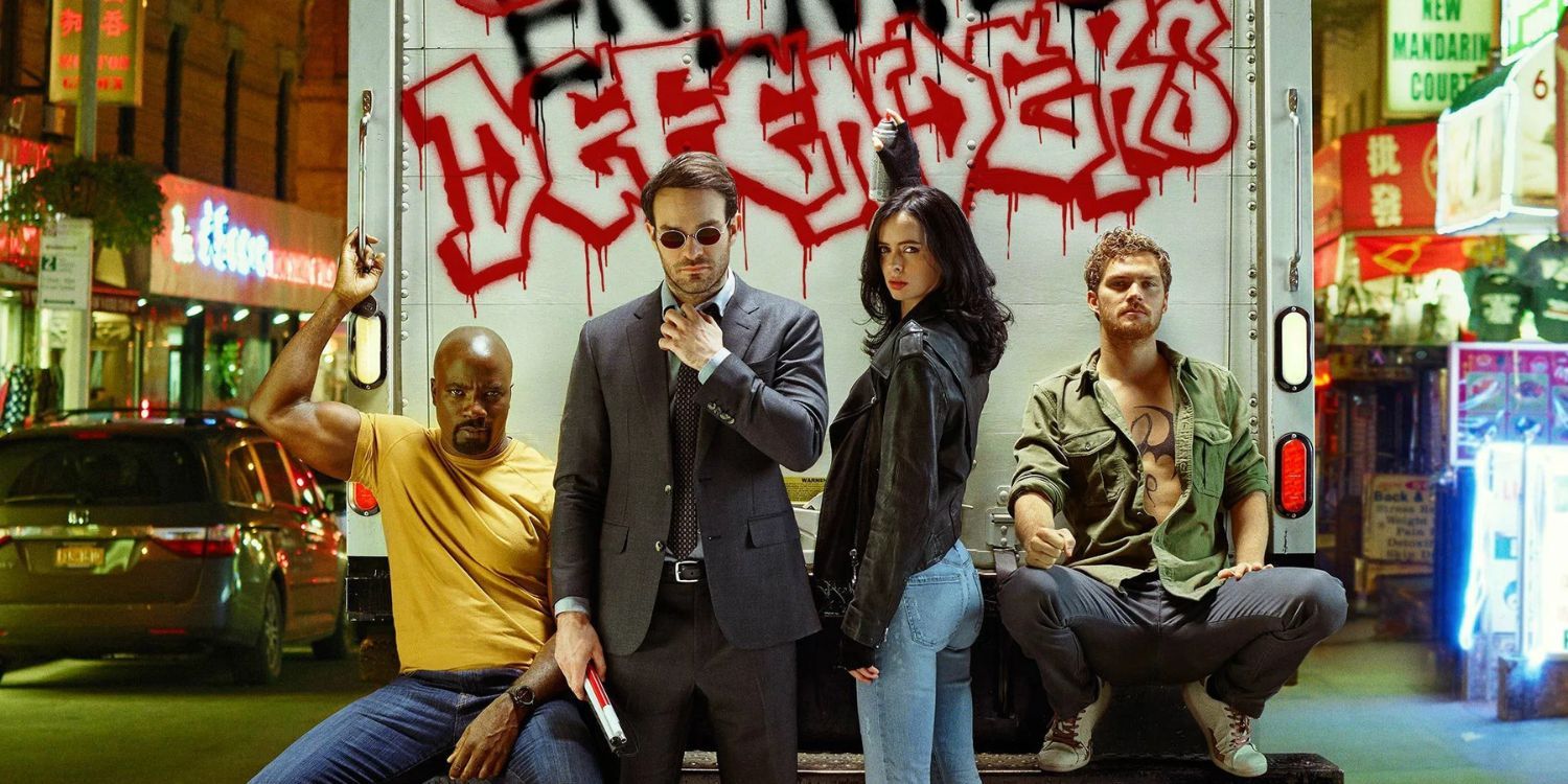 Marvel's Defenders imagem promocional da série Netflix, com Luke Cage, Demolidor, Jessica Jones e Punho de Ferro