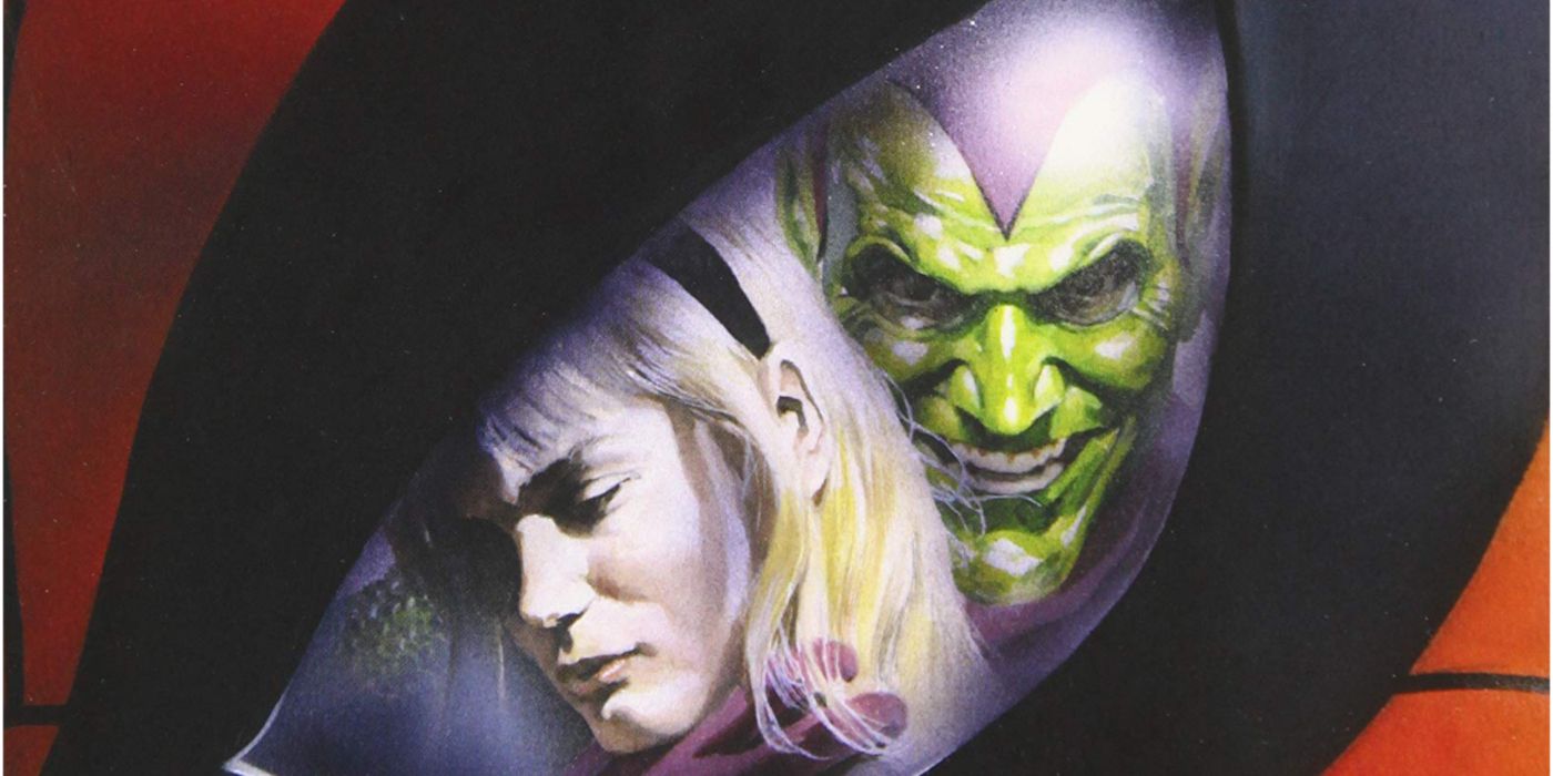 Gwen Stacy and the Threatening Green Goblin reflected in Spider-Man's lens.