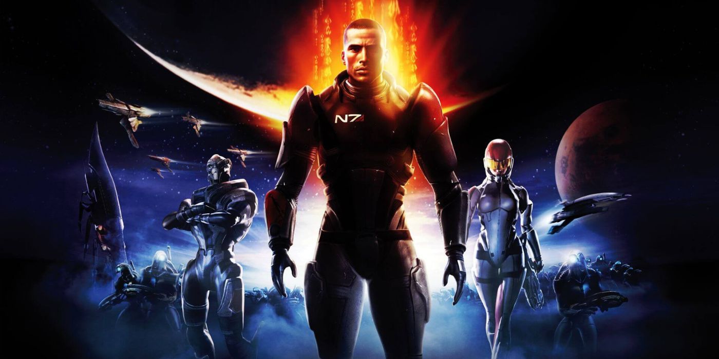 Promotional art for the first Mass Effect, most prominently featuring Commander Shepard, Ashley Williams, and Garrus Vakarian.
