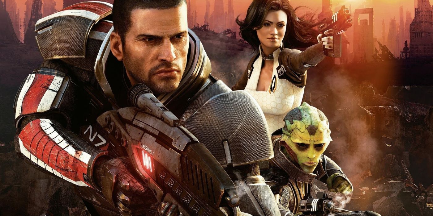 Mass Effect 2 promo art featuring Commander Shepard, Miranda, and Thane in action.