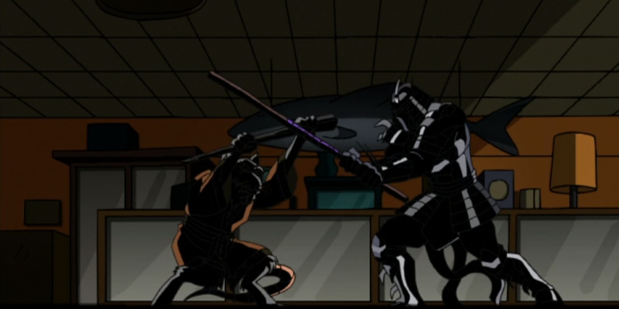 Master Splinter and Shredder fighting in the shadows on The Shredder Strikes Back Part 2 in Teenage Mutant Ninja Turtles (2003)
