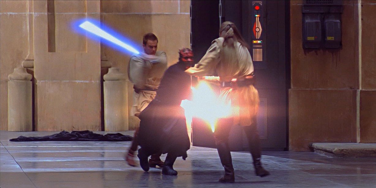 Maul fights Obi-Wan and Qui-Gon in The Phantom Menace