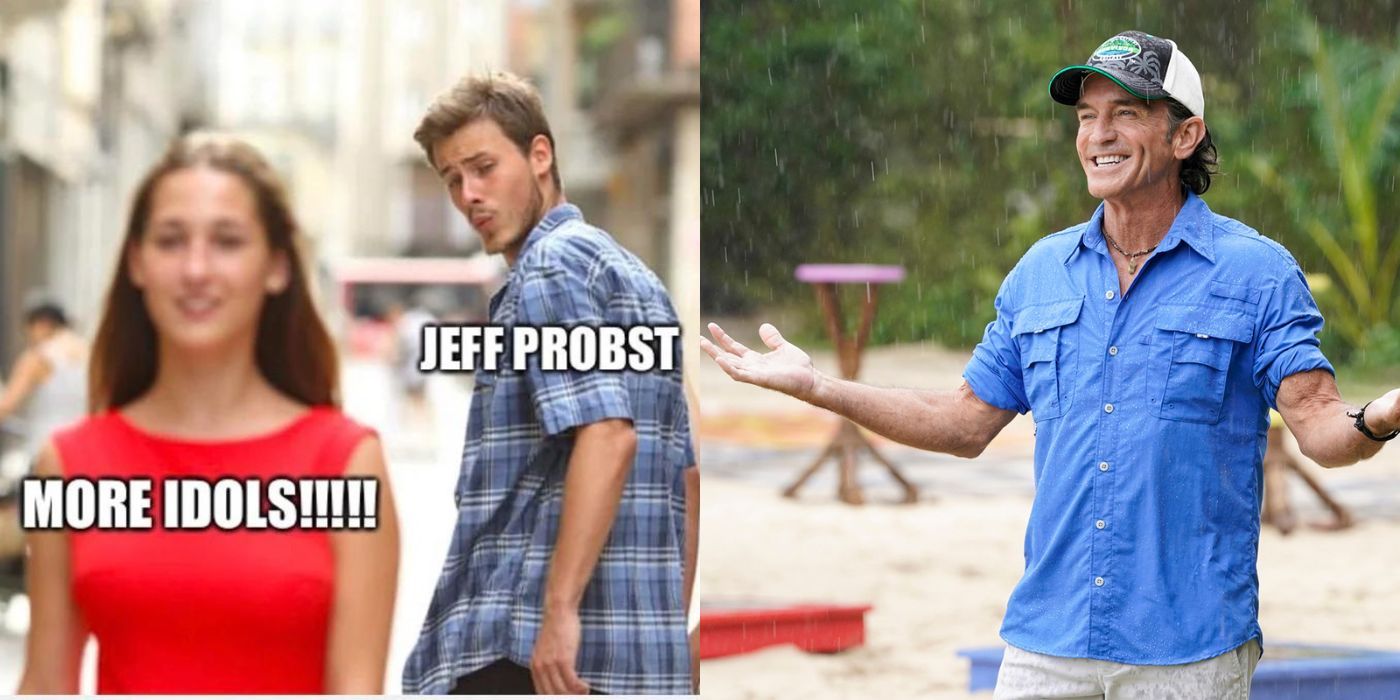 A meme about Survivor's Jeff Probst loving idols beside a picture of him