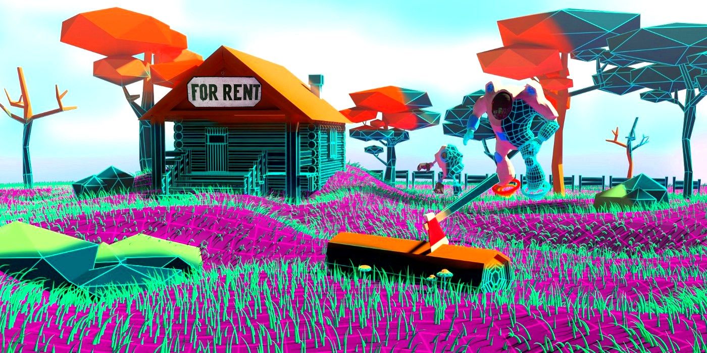 Metaverse land with house with For Rent sign out front on a colorful purple ground and trees and giant robots in background