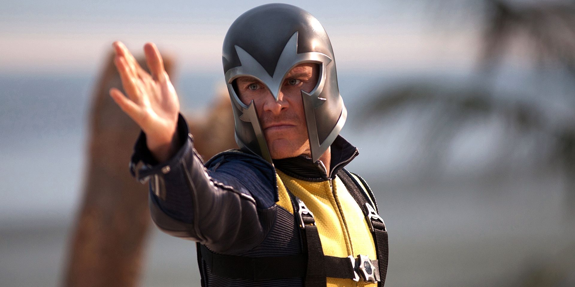 Michael Fassbender as Magneto wearing his helmet in X-Men First Class
