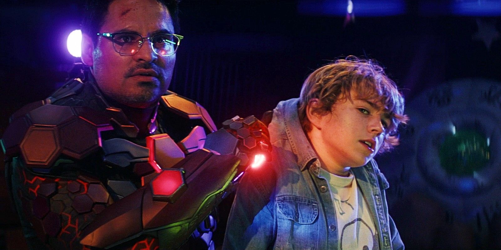 Michael Peña As Argon and Walker Scobell As Charlie in Secret Headquarters