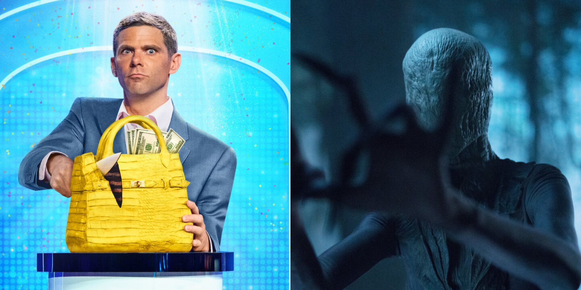 Split image showing Mikey Day in Is It Cake and Slender Man in the 2018 film Slender Man