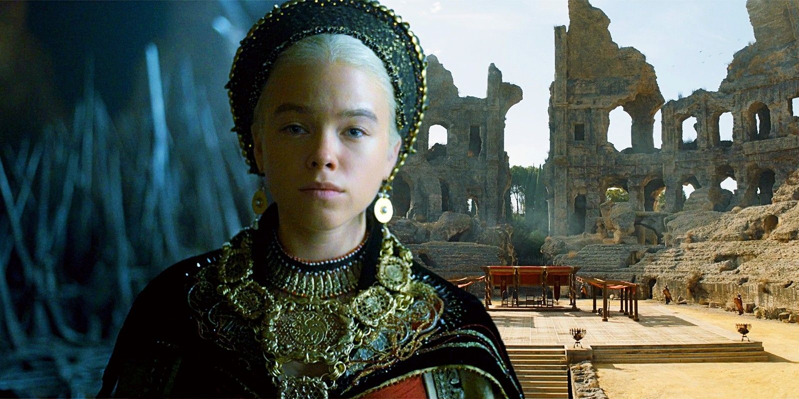 Milly Alcock as young Rhaenyra Targaryen in House of the Dragon with the Dragon Pit as seen in Game of Thrones season 7 episode 7