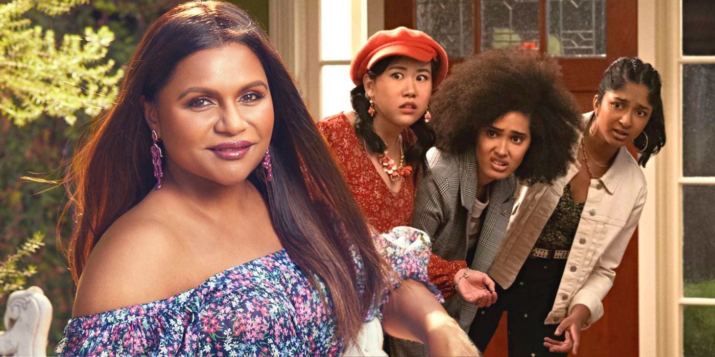 Collage of Mindy Kaling and the teens in Never Have I Ever