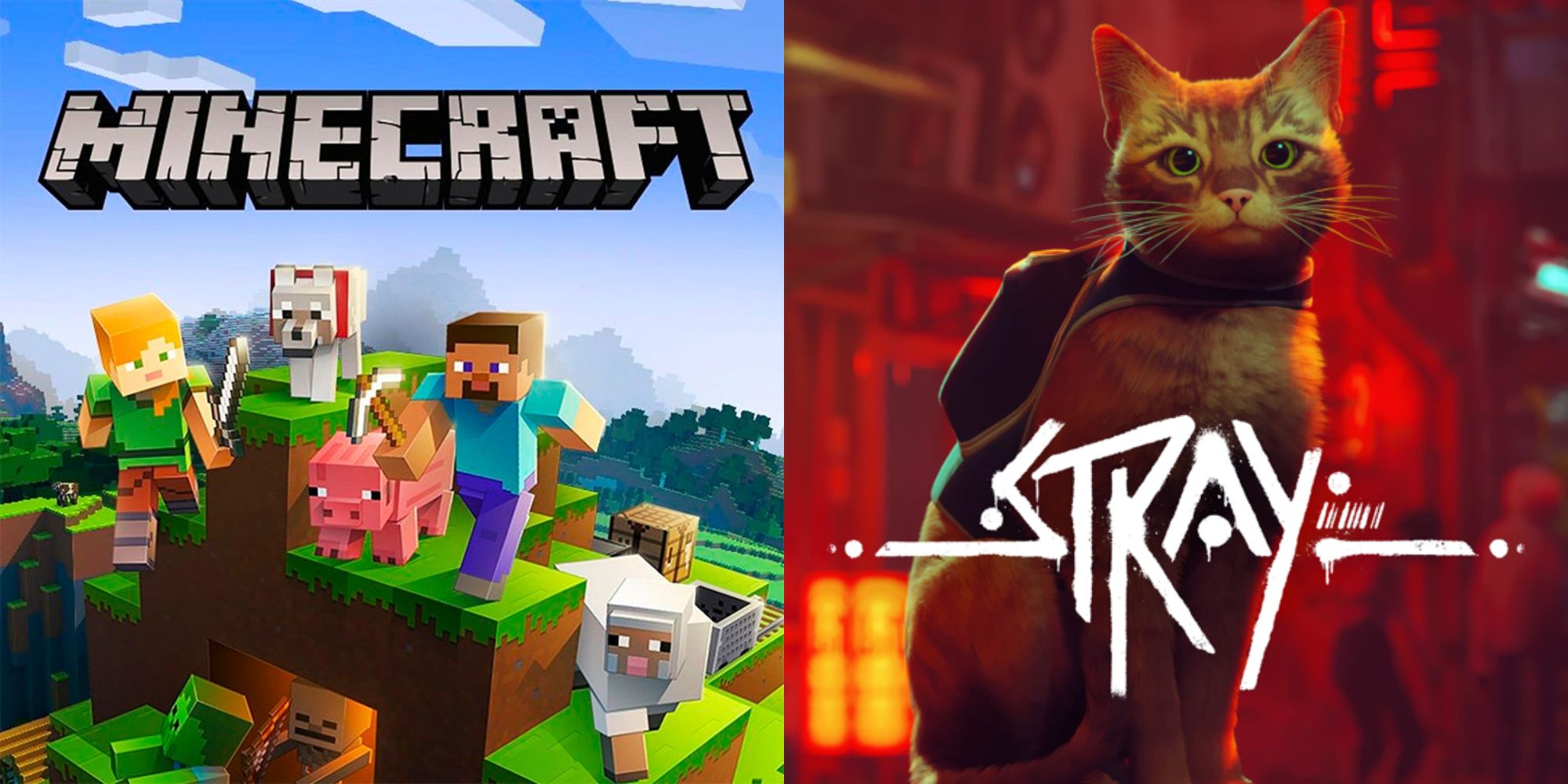 Split image showing covers for the games Minecraft and Stray.