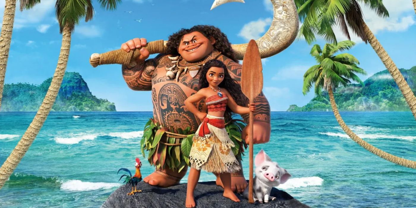 Hei hei, Maui, Moana, and her pig on a raft in Disney's animated Moana