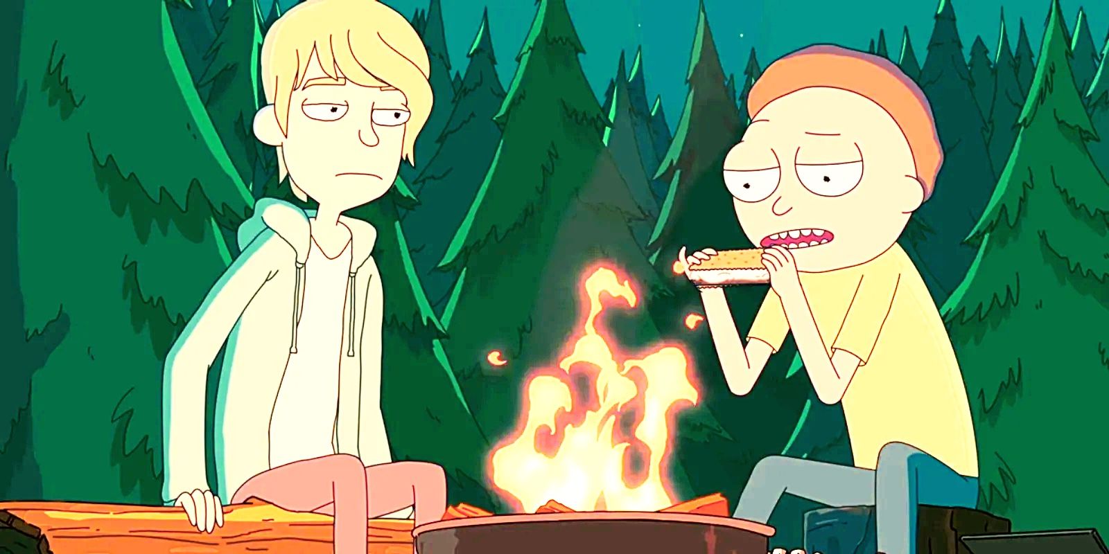 morty and ethan eating s'mores in rick and morty season 3