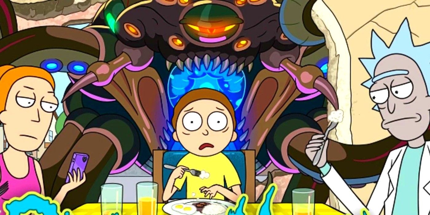 Morty stares in terror as Rick and Summer ignore a space monster in Rick Morty season 5