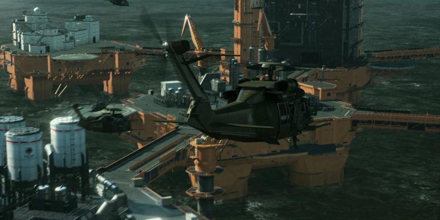 The Mother Base seen from above in Metal Gear Solid.
