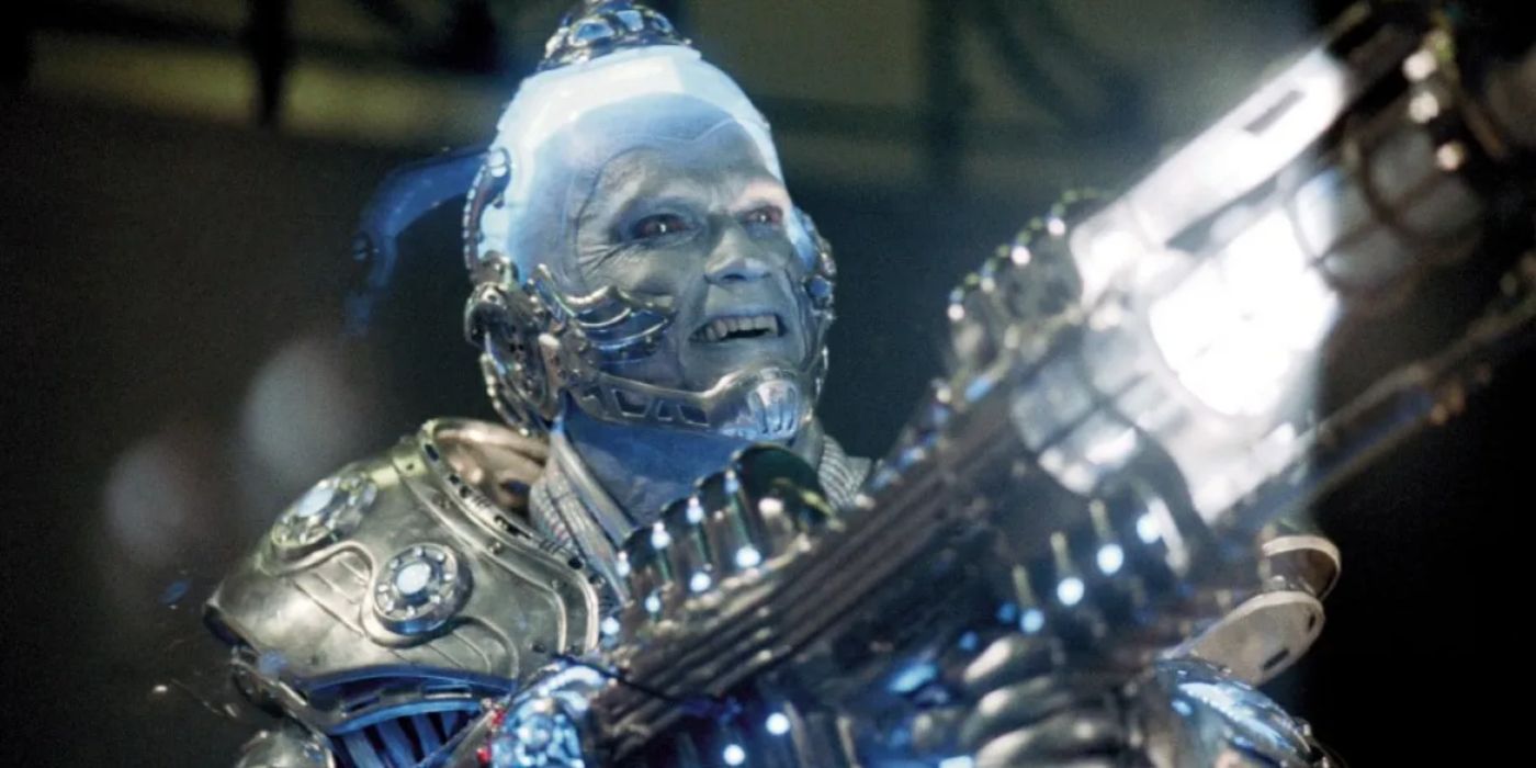 Mr Freeze dispara sua arma de gelo em Batman e Robin