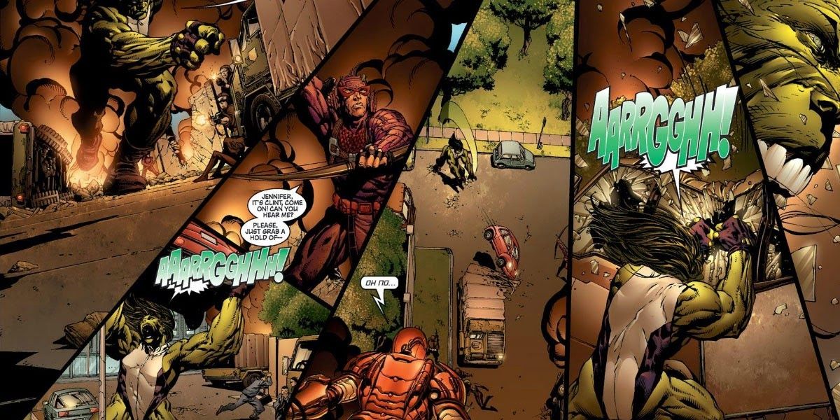 Multiple comic book panels showing She-Hulk fighting in Avengers Disassembled Cropped