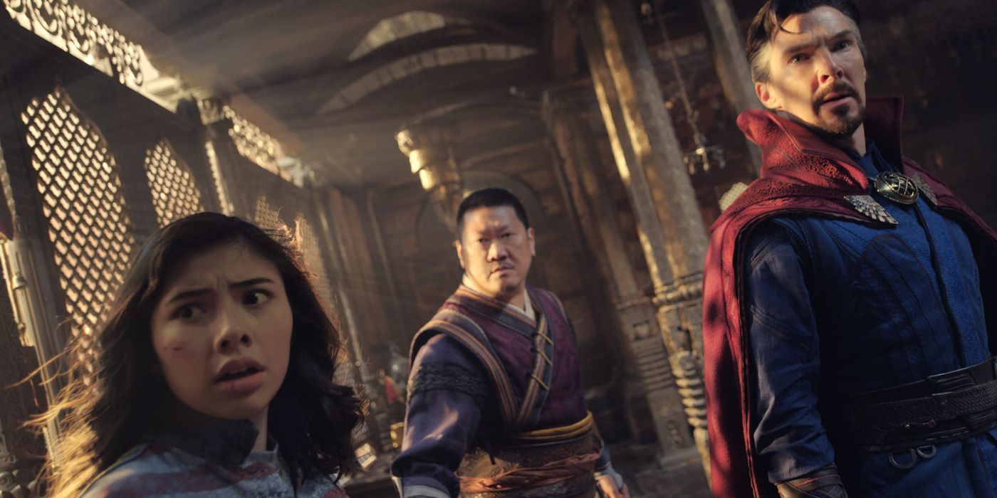 Doctor Strange, America, and Wong looking for Wanda