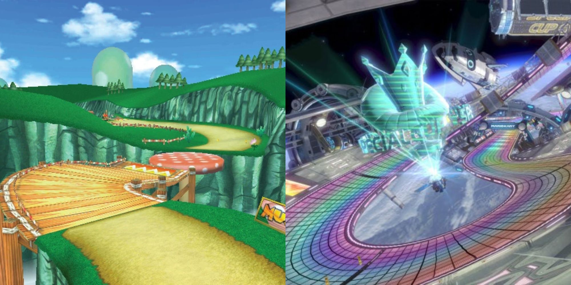 Split image showint the Mushroom Gorge and Rainbow Road tracks in Mario Kart