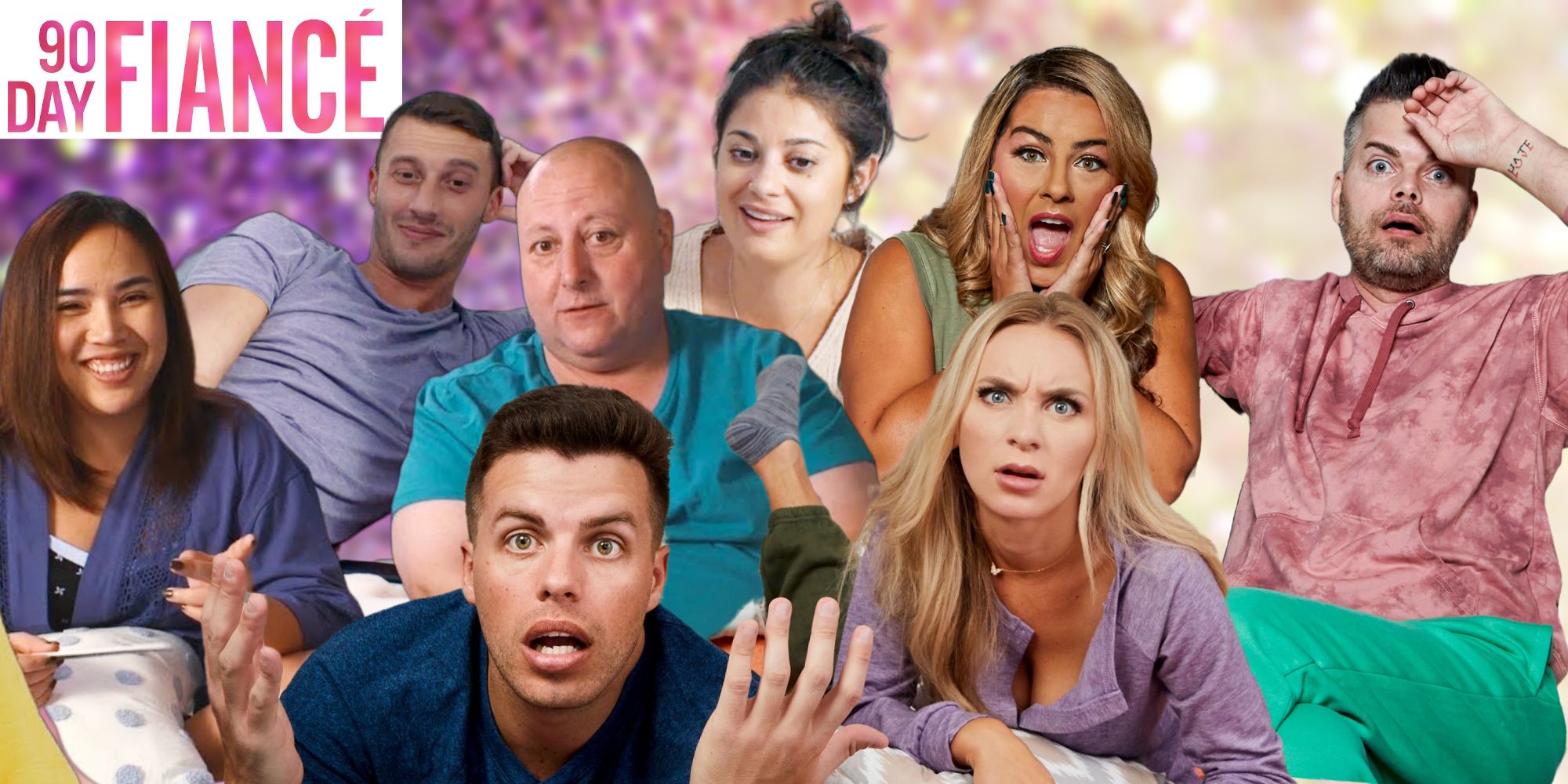 Eight cast members from 90 Day Fiance: Pillow Talk are situated in a collage, looking surprised at the camera. 