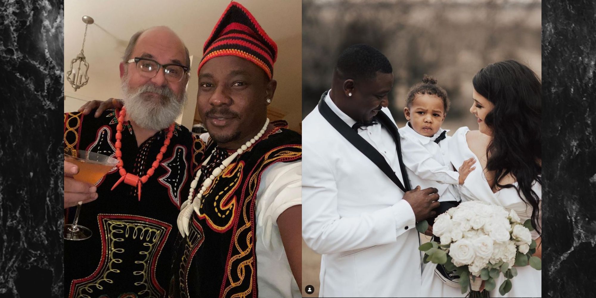 Two photos of Kobe Blaise pictured with his wife Emily, his father-in-law and toddler son, Koban.