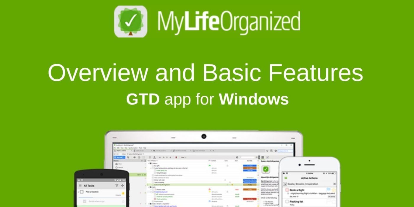 A phone screen with the MyLifeOrganized Task Management Tool.