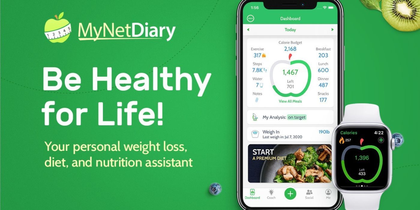 A smartphone and watch with the MyNetDiary app