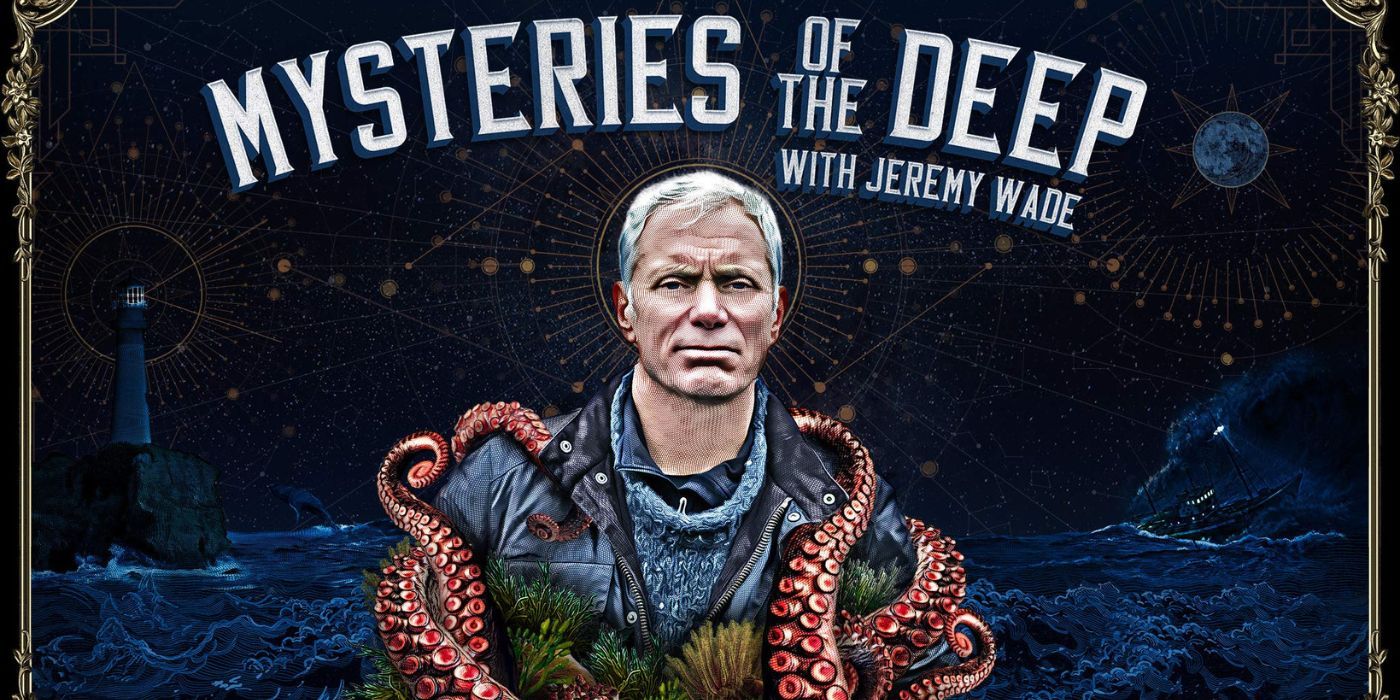A man with octopus tentacles around him in a poster for Mysteries Of The Deep With Jeremy Wade.