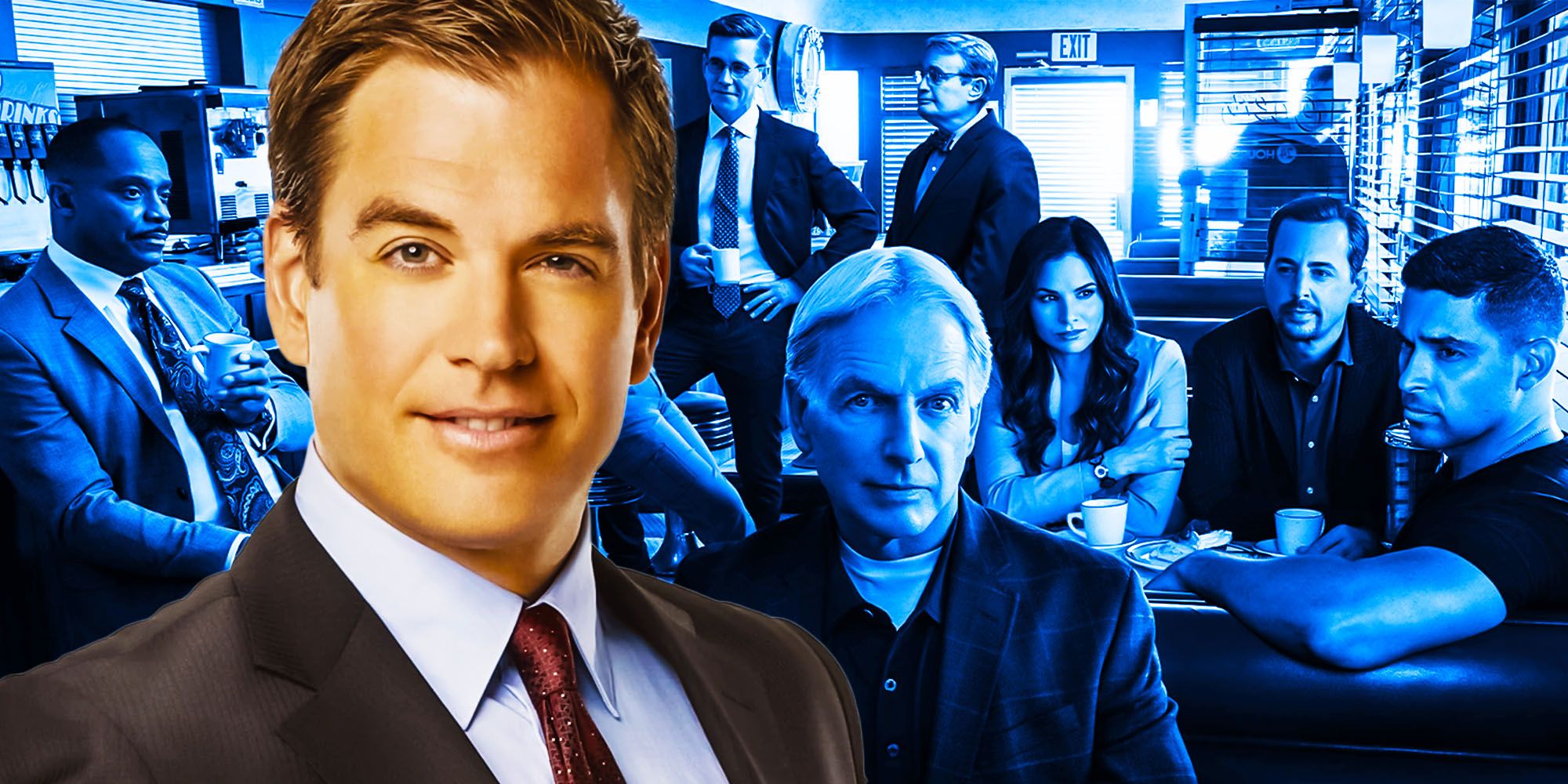 A composite image of Michael Weatherly as Tony DiNozzo in front of the cast of NCIS 