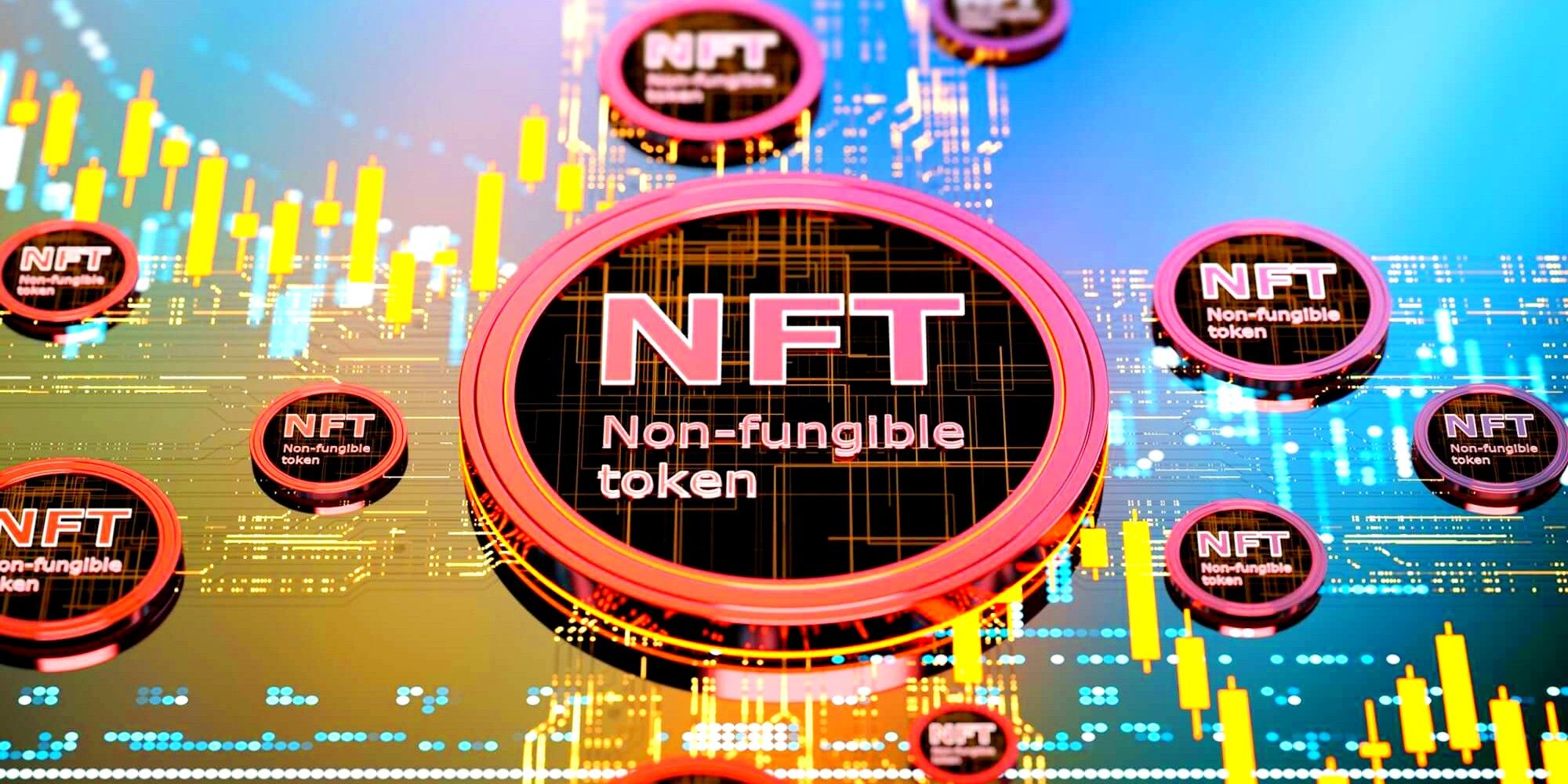 NFT digital art with multiple tokens scattered around token in middle