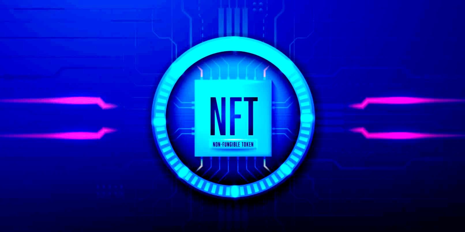 NFT letters in vivid blue circle on dark blue background with electrical circuity inside