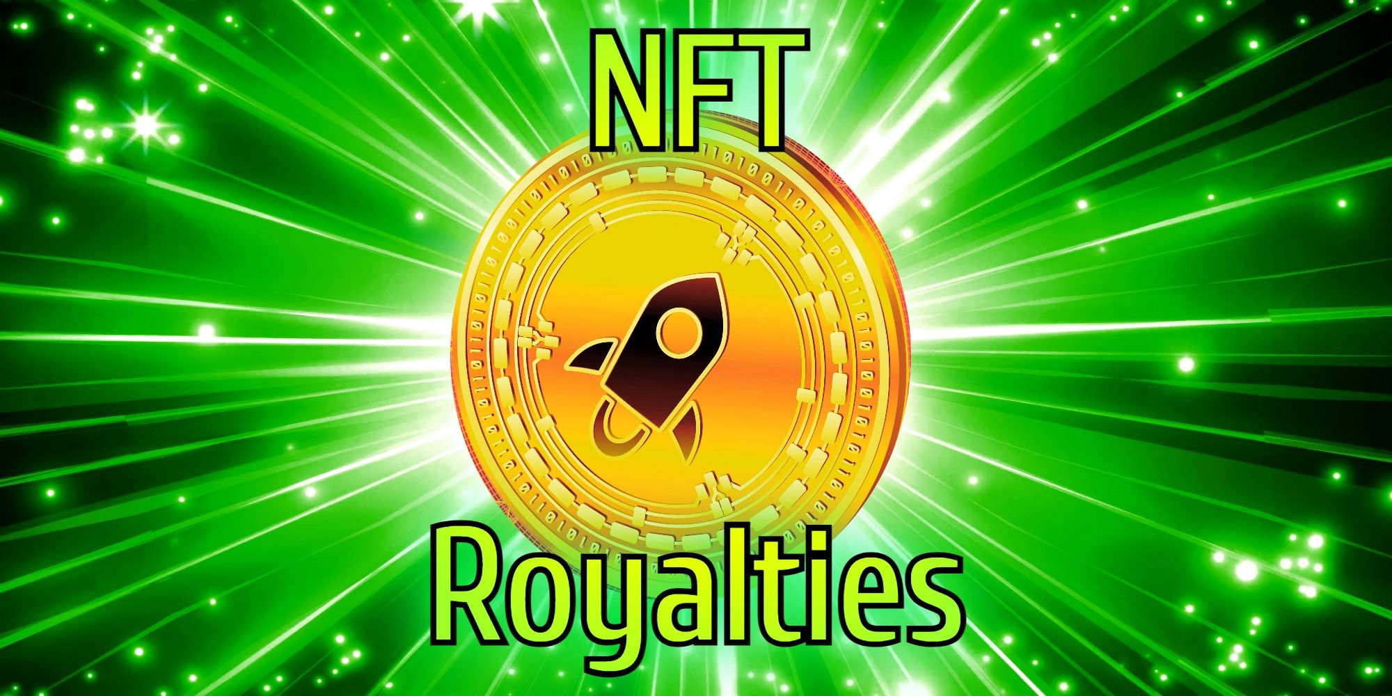 NFT Royalties text over gold token on green starburst background