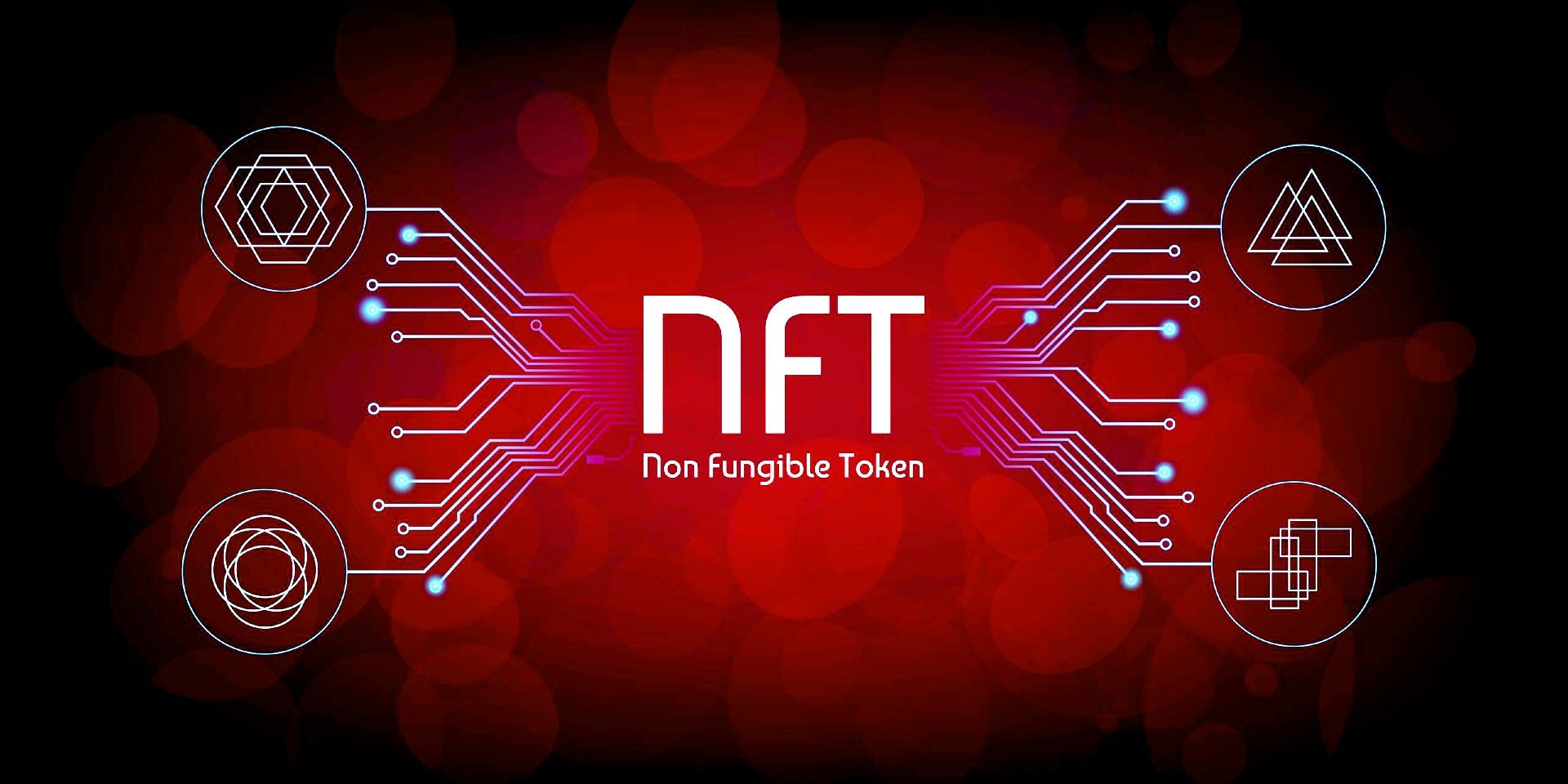 NFT digital art on red background with circuit lines connecting to symbols
