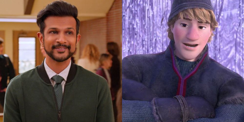 A split image features Manish in Never Have I Ever and Kristoff in Frozen